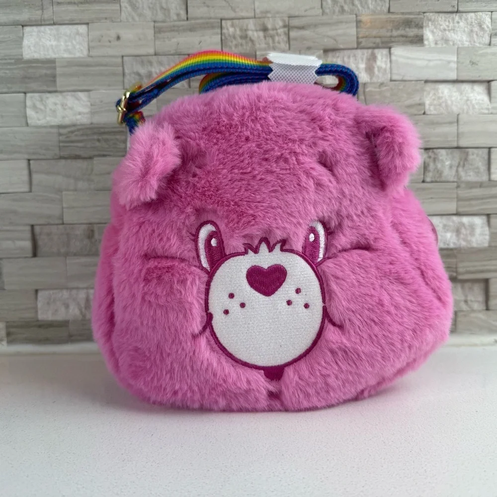 NEW Care Bear‎ Pink Plush Crossbody Bag With Rainbow Strap